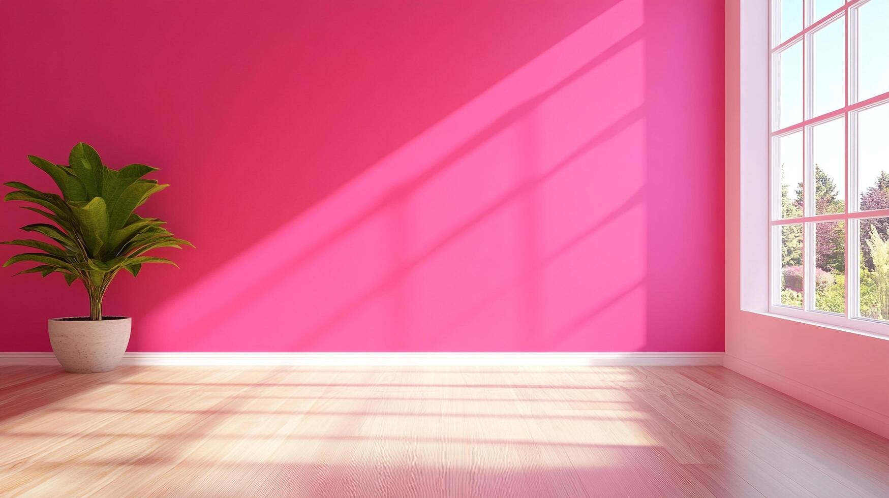 A bright room features a pink wall, wooden floors catching sunlight, and a potted plant by the wall offering a fresh, minimalist aesthetic. photo