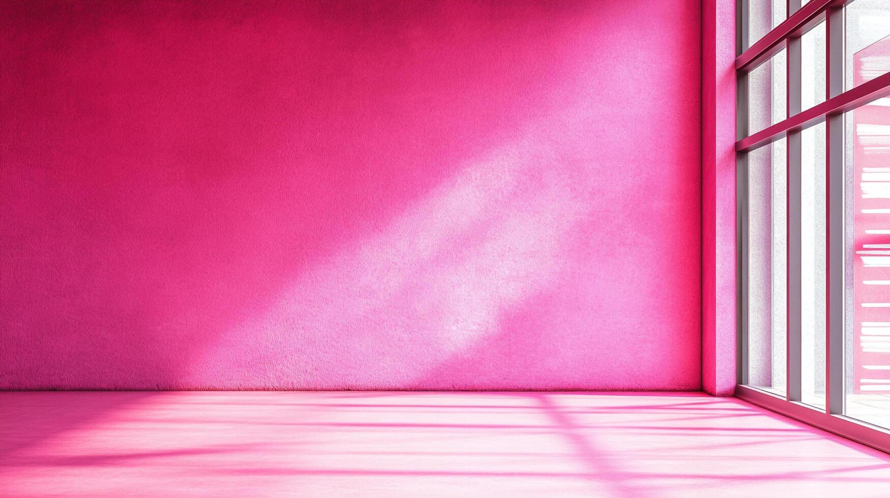 Interior space featuring a vibrant pink wall and floor illuminated by sunlight streaming through a window, casting shadows on the surfaces. photo