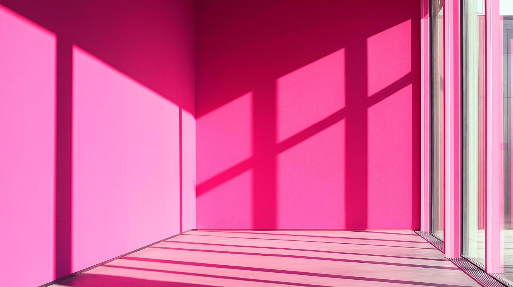 Vivid pink room bathed in sunlight, shadows dancing across the walls and floor, creating an abstract and visually captivating scene. photo