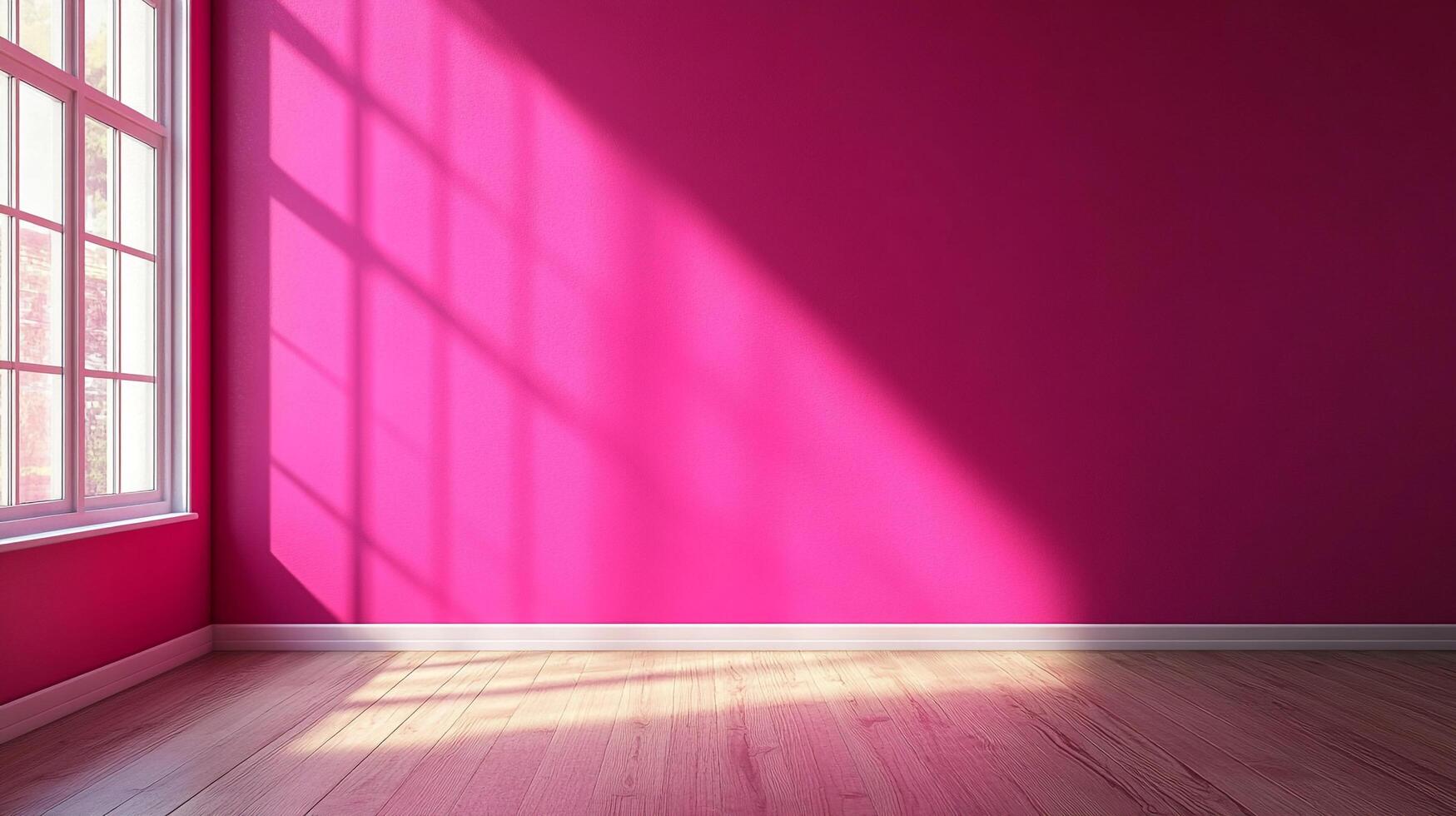 Vibrant pink wall in sunlit room with modern decor, bright light entering through window illuminating the wooden floor. Great room concept. photo