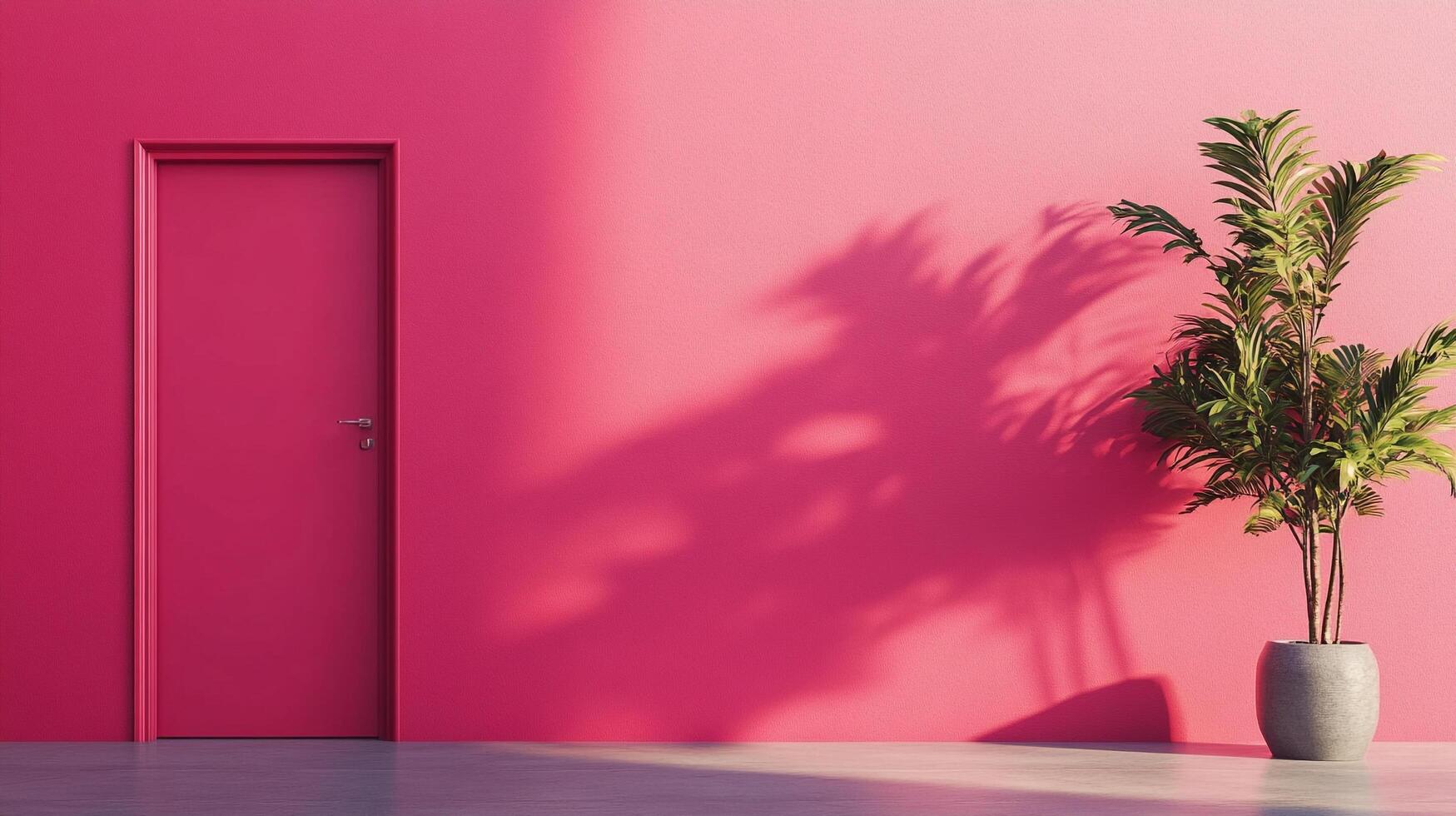 A vibrant pink wall with a matching door and a potted plant casting shadows, creating a modern and inviting aesthetic. photo