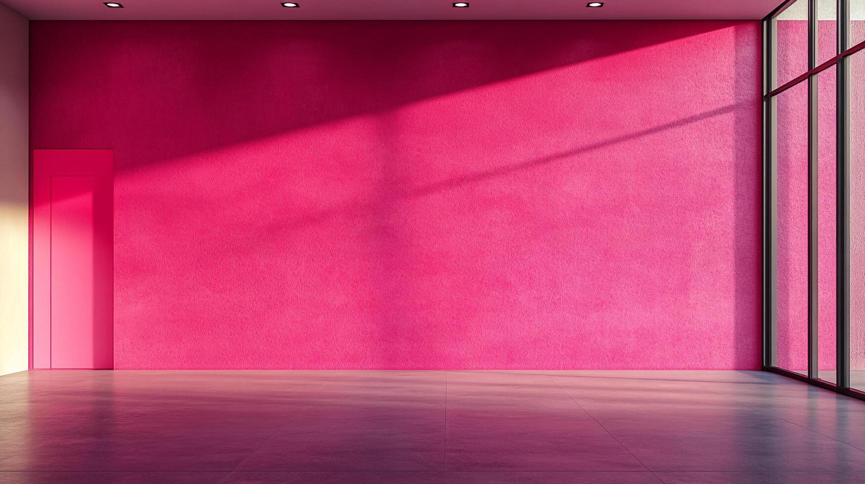 Bright pink room with a ray of light across the wall, featuring a door on the left and a window on the right showcasing interior design. photo