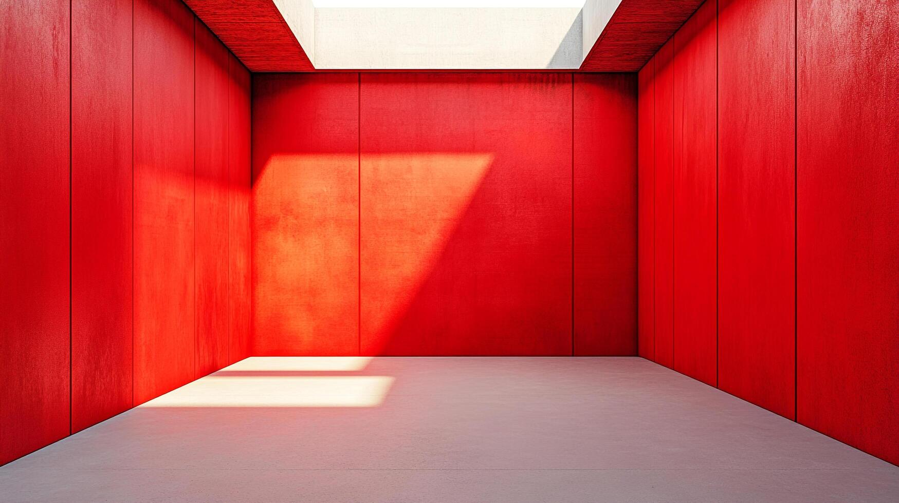 A striking red room illuminated by a skylight, creating bold shadows and a sense of minimalist architecture and design. photo