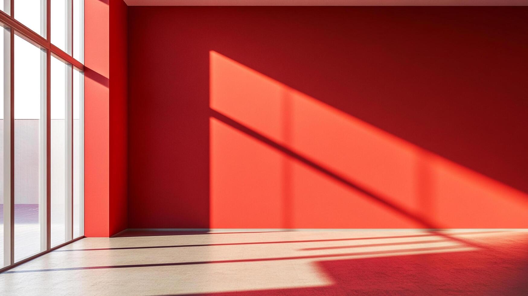 Sunlight paints the room, creating shadows and illuminating textures. A modern, red wall stands as a vibrant backdrop to the interplay of light. photo