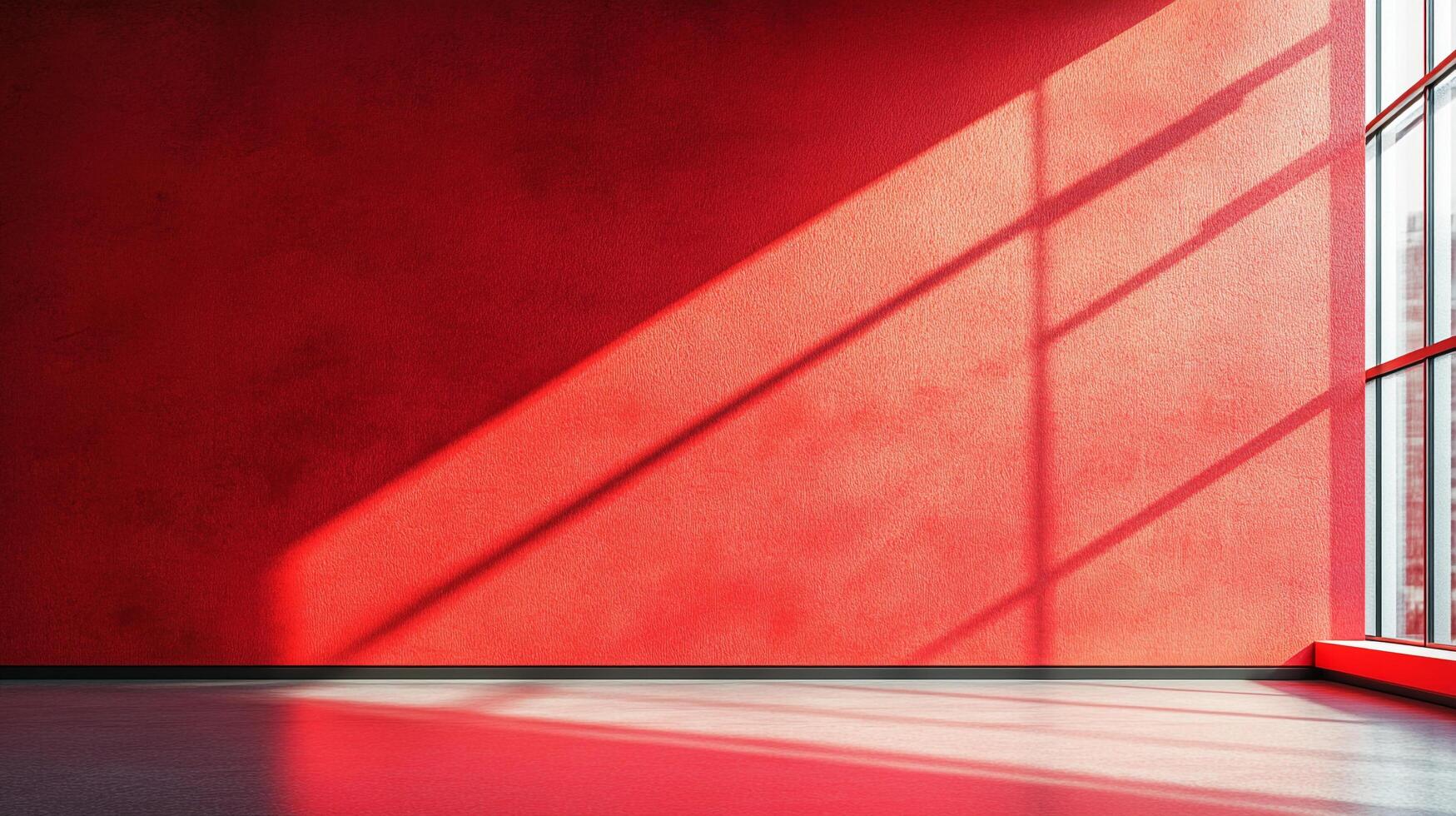 A textured red wall is bathed in sunlight streaming through windows, creating bold geometric shadows that enhance the architectural space. photo