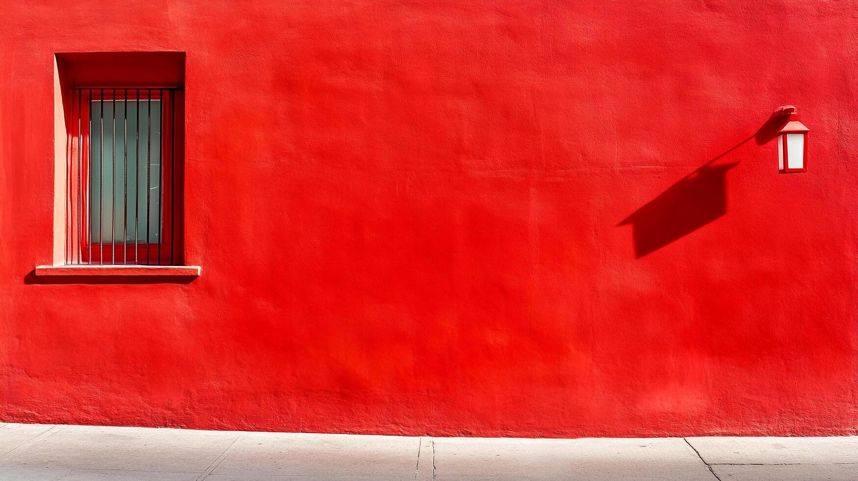 Striking red wall featuring a barred window on the left and a small light fixture on the right casting a sharp shadow. photo