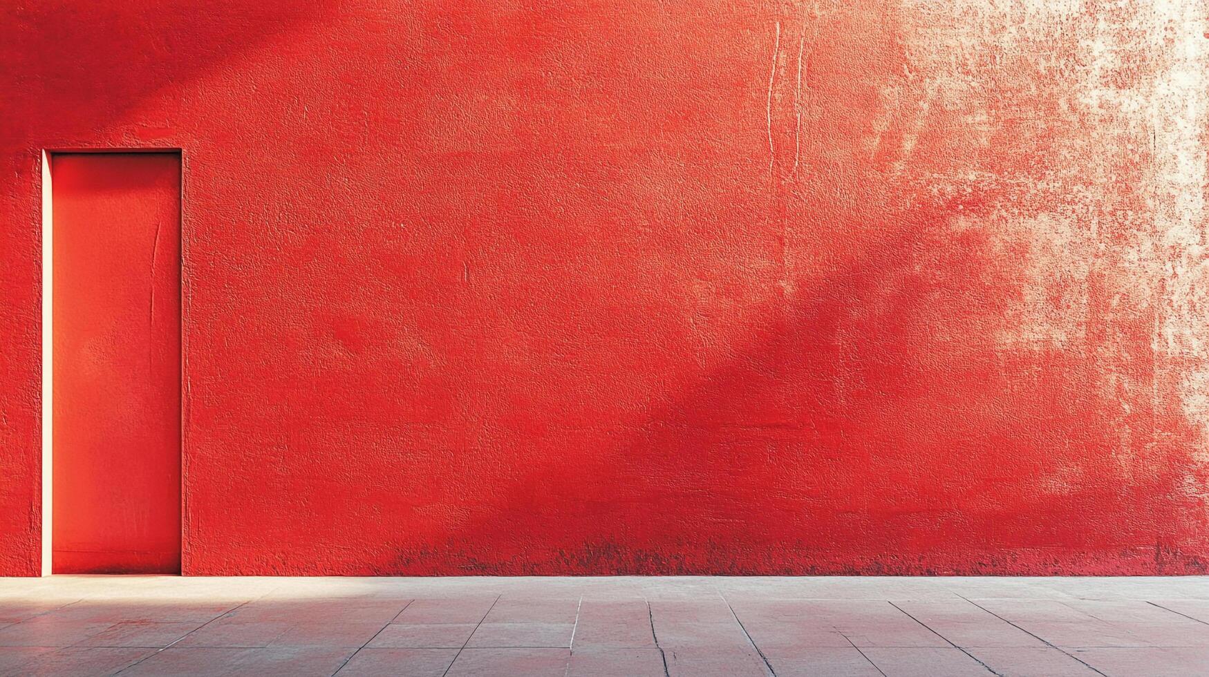 Minimalist architecture featuring a bright red textured wall with a flush doorway, contrasted by a light-colored tiled floor. photo