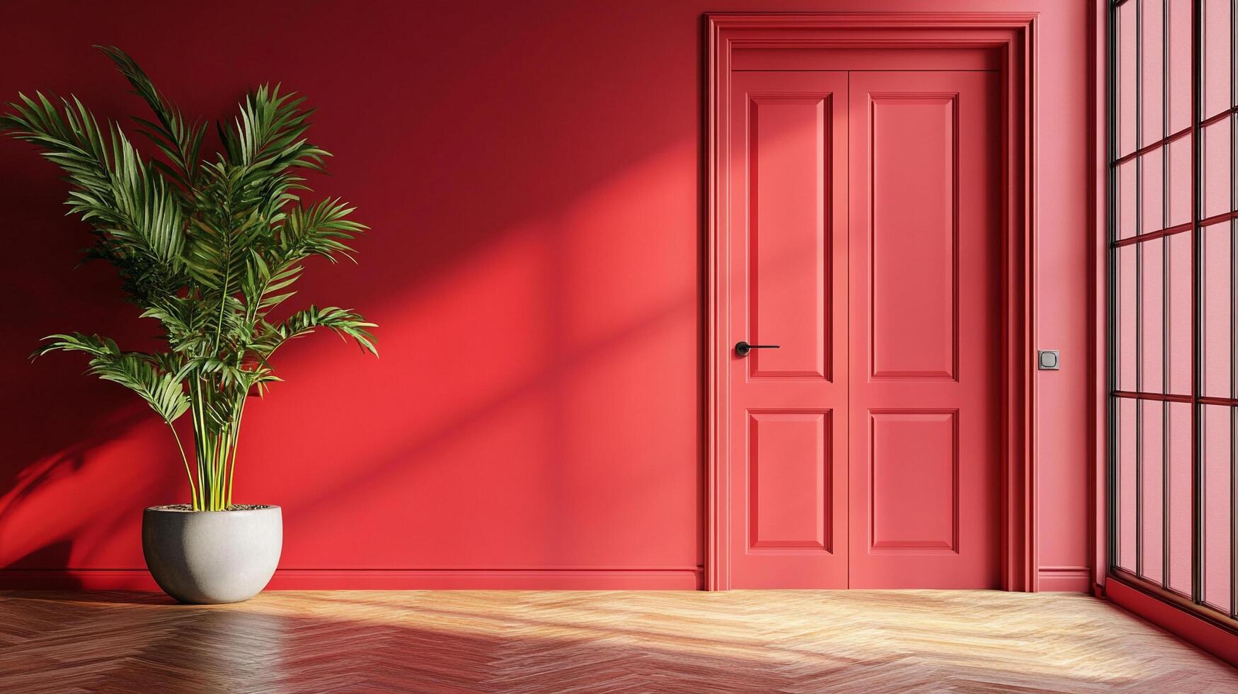 Modern living space with vibrant red walls, stylish doors, herringbone flooring, and a potted palm, creating an inviting atmosphere. photo