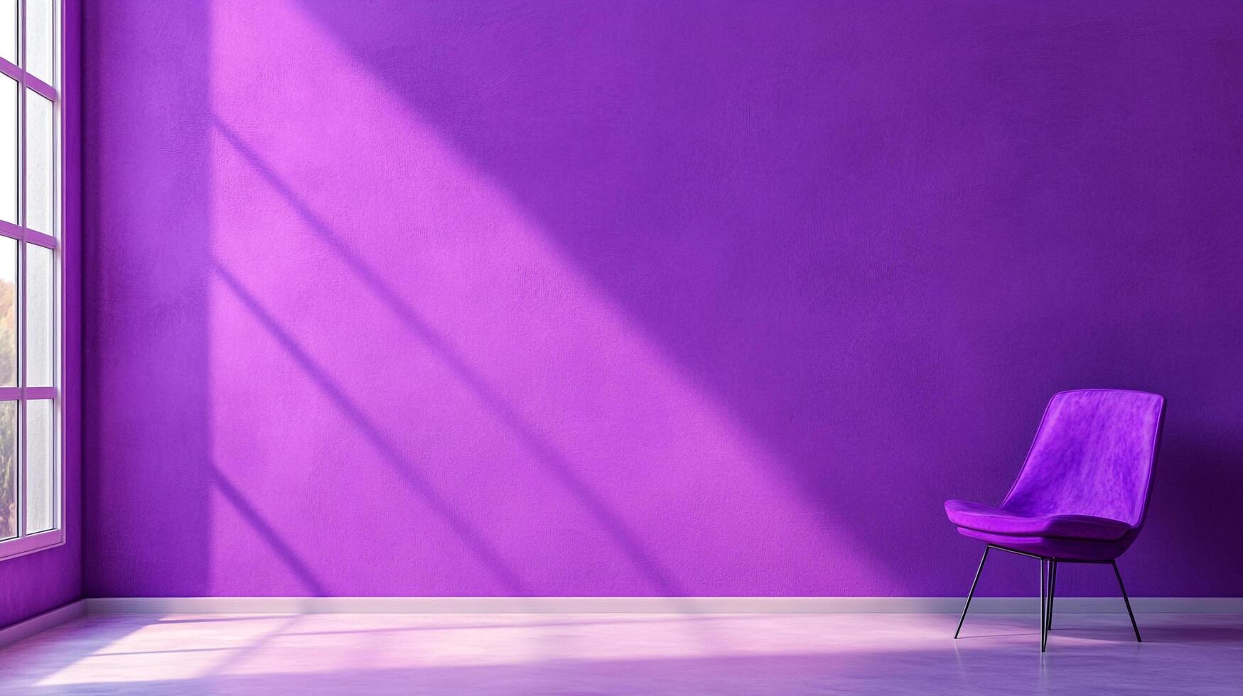 Vibrant room featuring a stylish chair against a purple wall, illuminated by natural light streaming through a window, creating a serene ambiance. photo