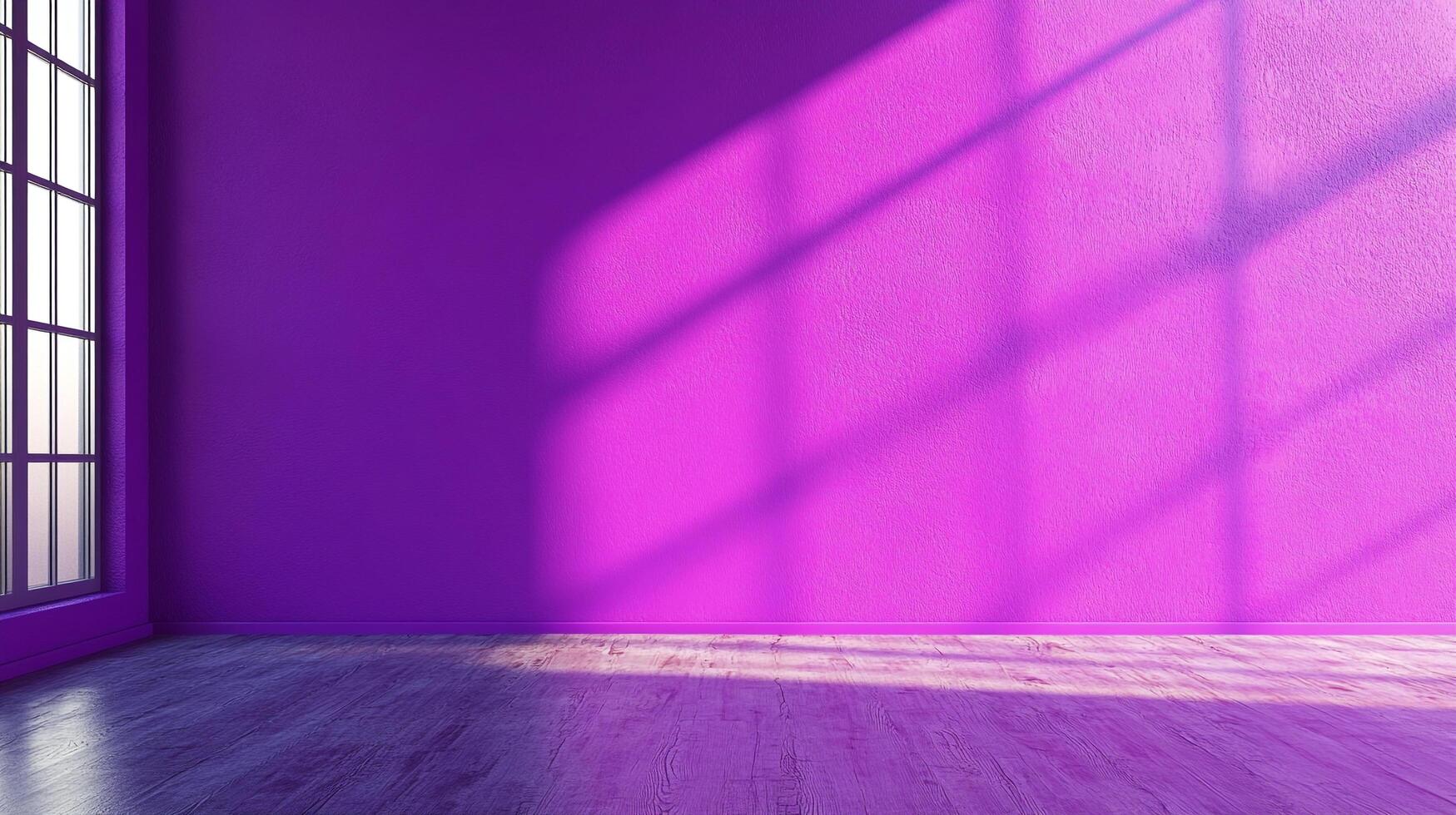 A vibrant purple room bathed in sunlight, casting geometric shadows across the textured wall and wooden floor, creating a dynamic visual. photo