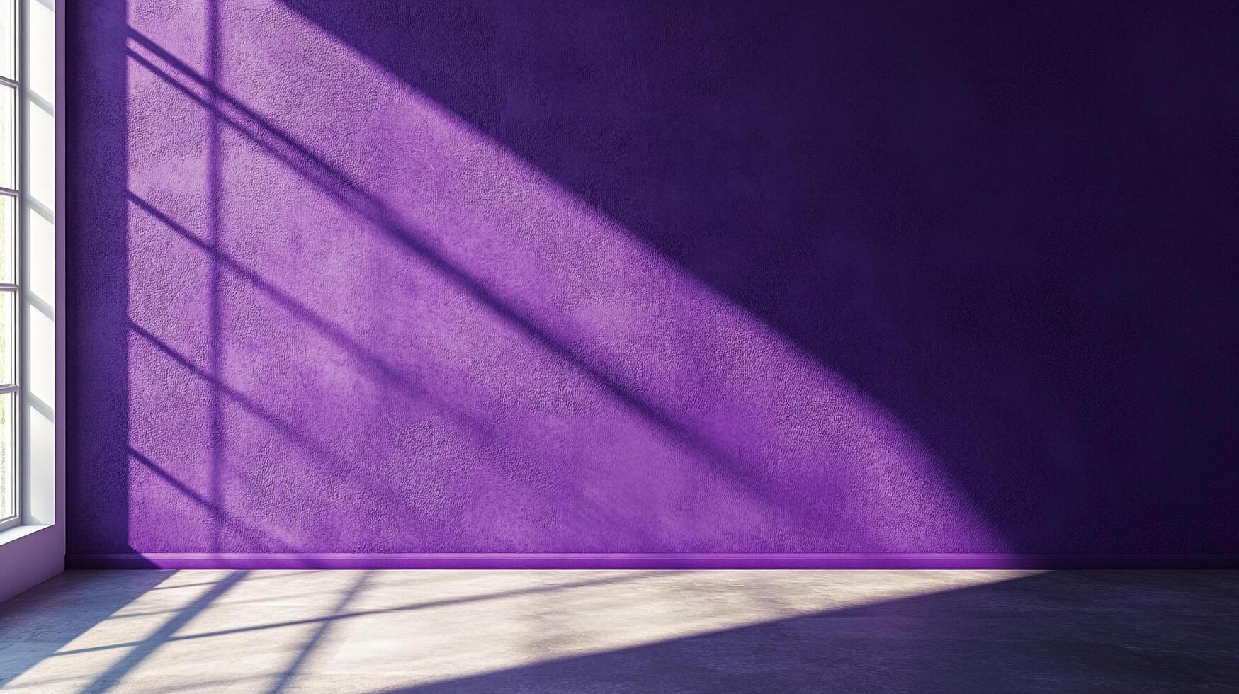 A textured purple wall is bathed in light casting shadows from a window with concrete floor, creating a minimalistic and modern feel. photo