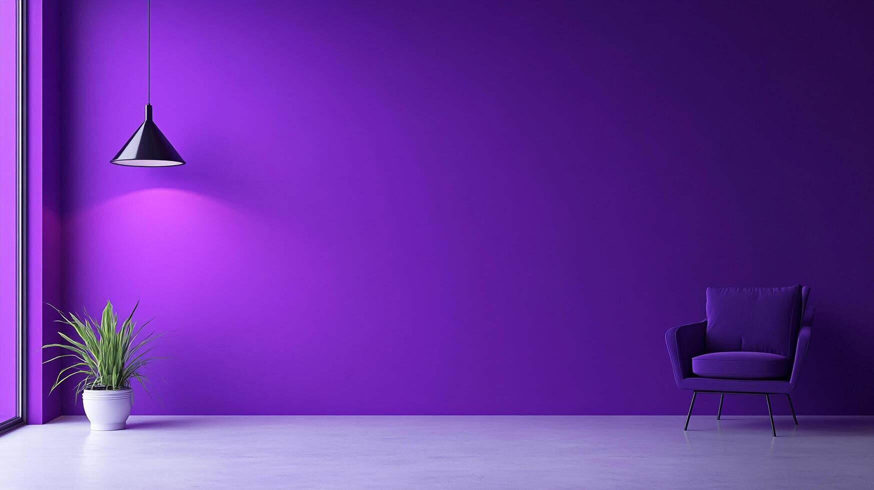 Minimalist interior featuring purple walls, a sleek chair, and a potted plant under a hanging lamp, creating a serene atmosphere. photo