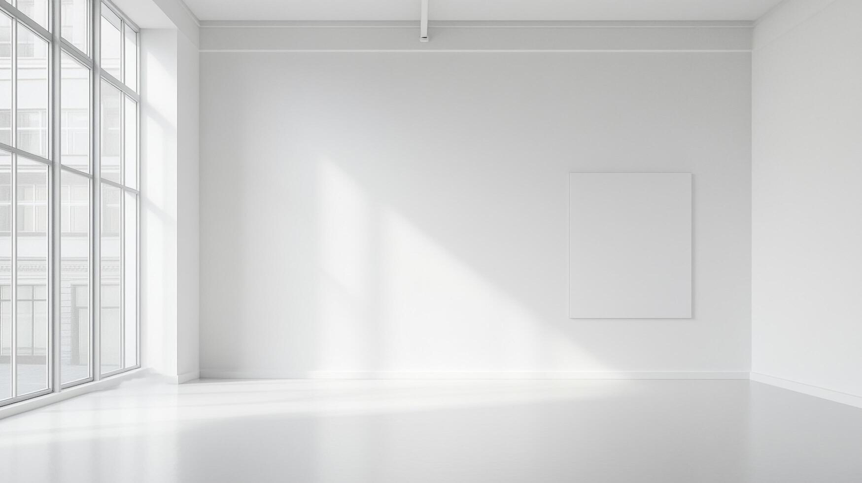 A bright, spacious, minimalist room with large windows casting light across an empty floor. A blank canvas hangs on the white wall. photo