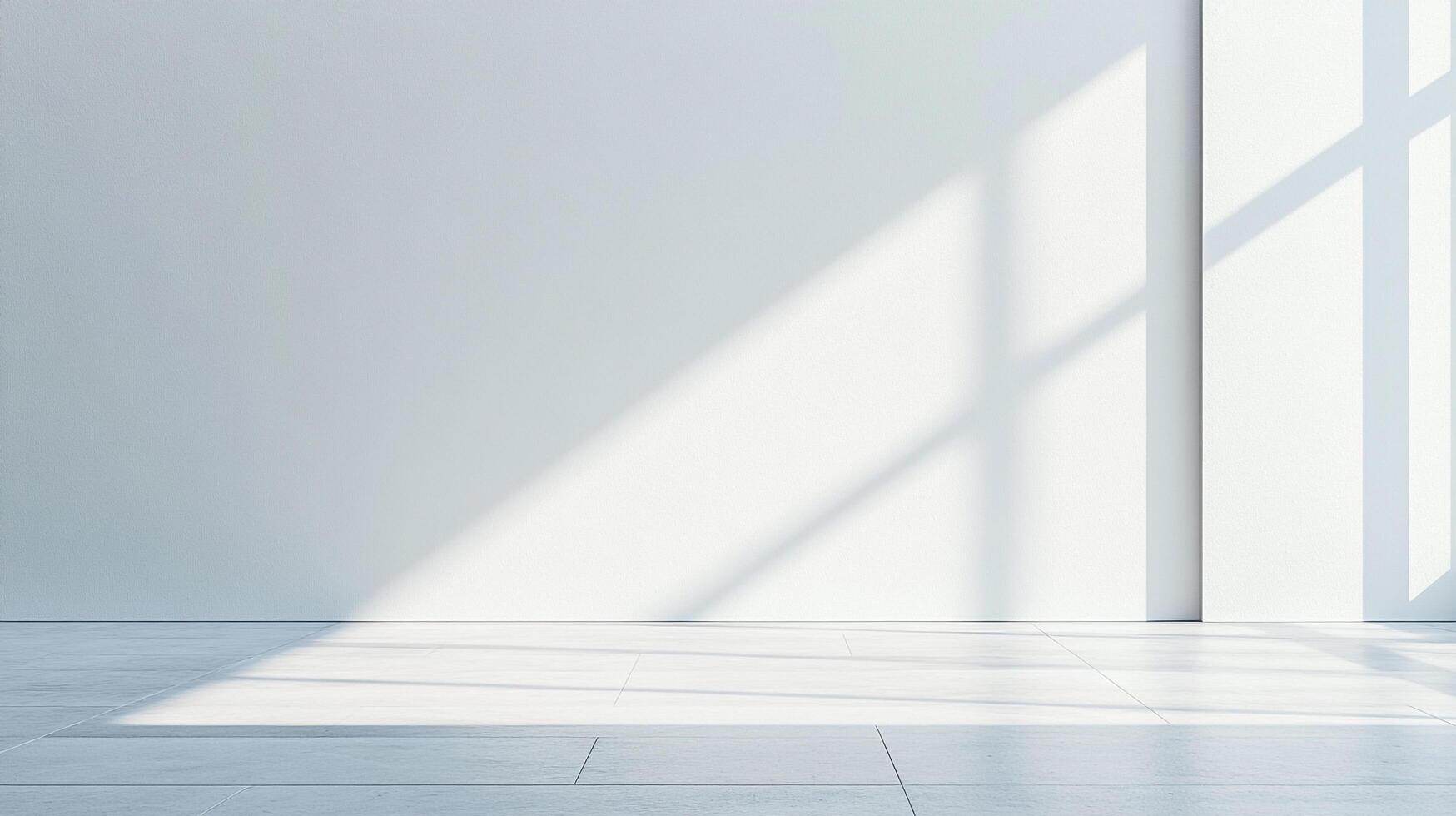 Sunlight streams across a minimalist, empty white room with tiled flooring, casting shadows and creating bright, modern architecture. photo