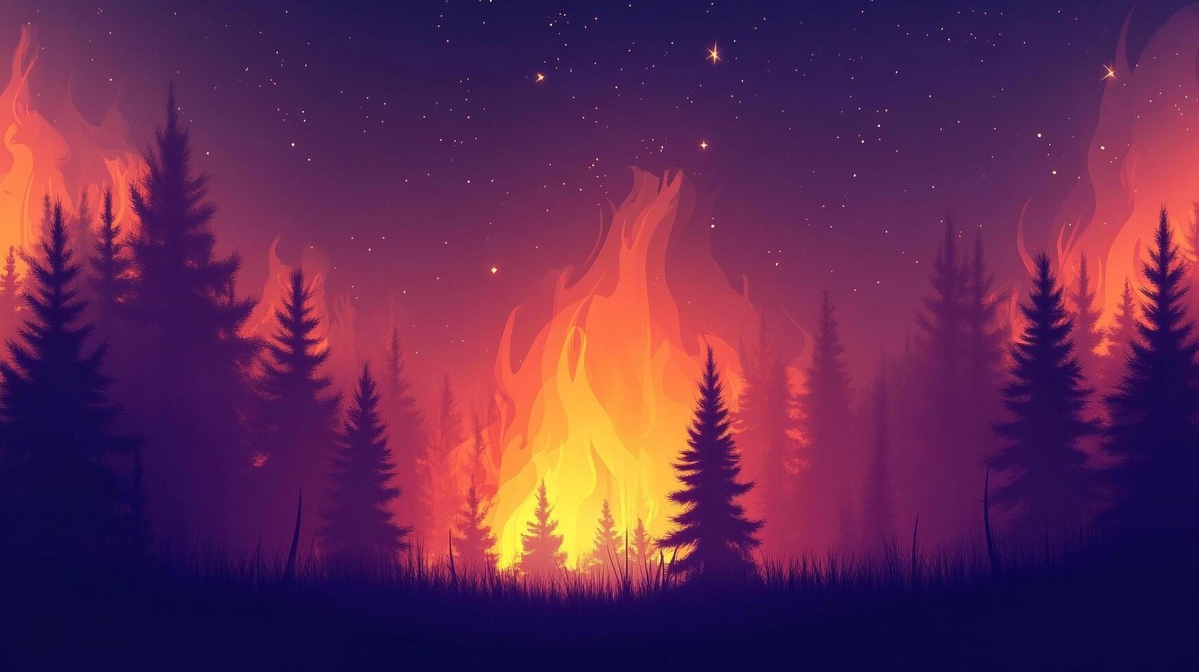 Dramatic forest fire scene with vibrant flames, silhouetted trees against a starry night sky, evoking themes of destruction and natural power. photo