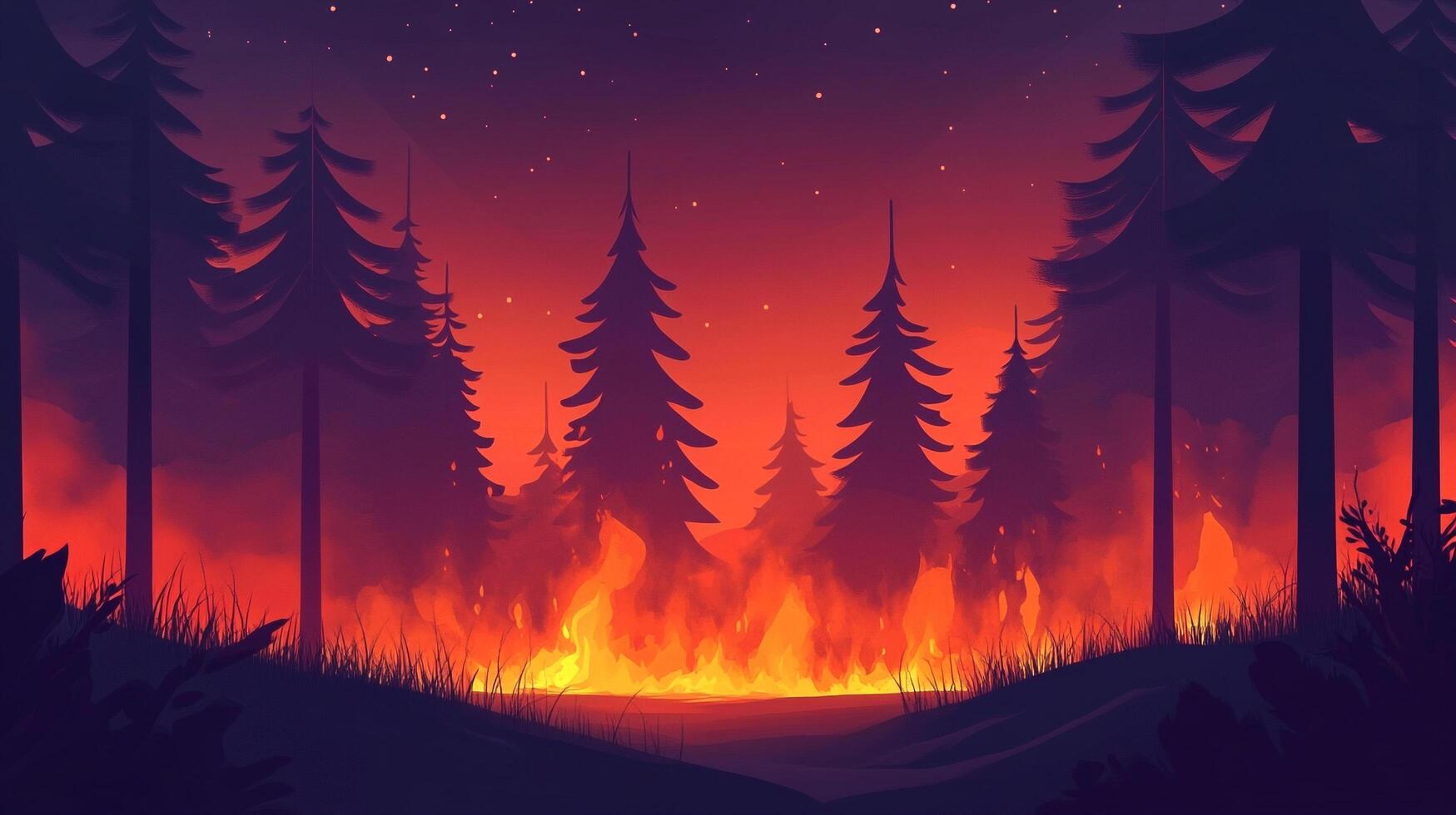 A stylized forest fire scene depicts towering dark fir trees silhouetted against an orange and red fiery background under a starry sky. photo