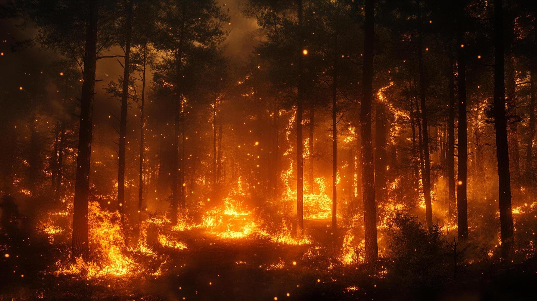Forest fire rages through a dense woodland, consuming trees and undergrowth in a fierce blaze of orange and yellow flames and smoke. photo