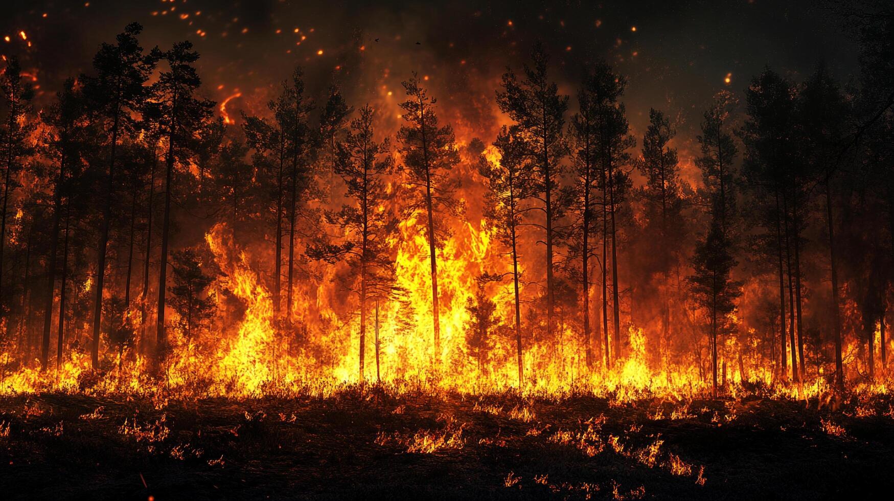 Intense flames engulf a forest, creating a vivid and dramatic scene of destruction as wildfires blaze through a stand of tall trees. photo
