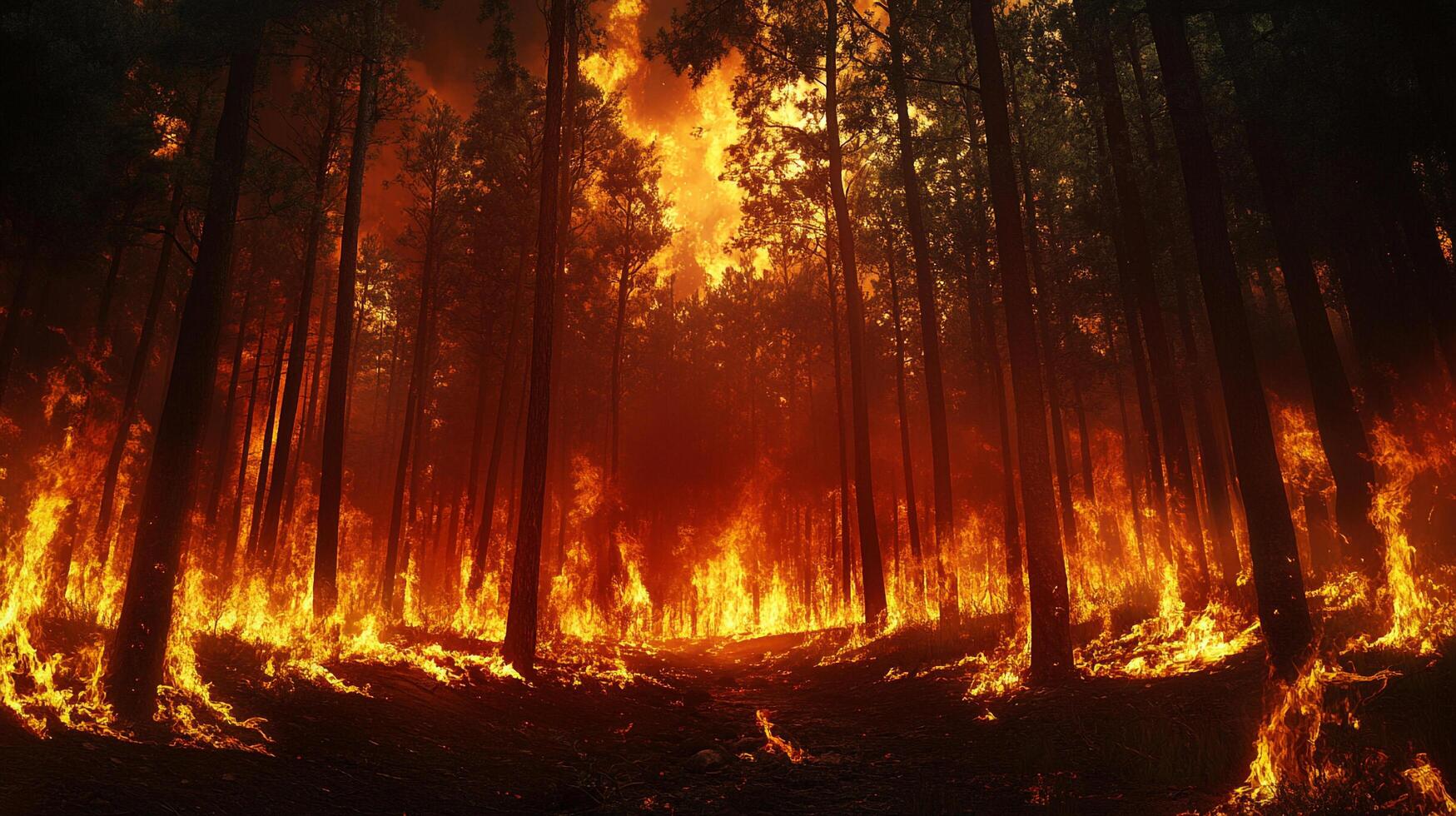 Inferno engulfs forest landscape, tall trees ablaze, sky illuminated orange, a scene of devastation. photo