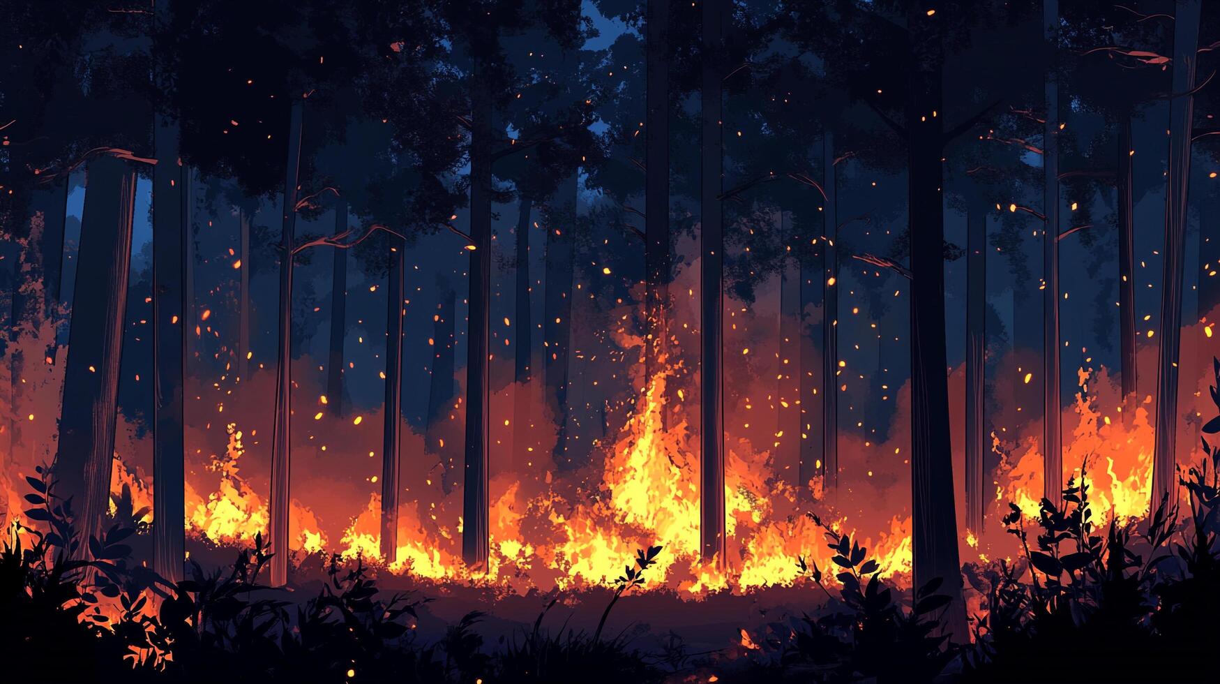 Forest fire ablaze, flames engulfing the trees. Dark silhouettes of trees against bright orange blaze. Sparks flying in the night. photo