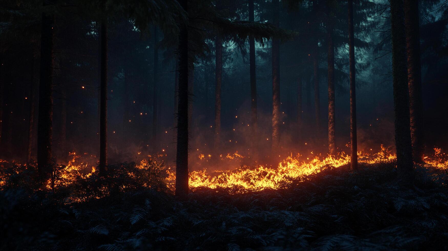 Inferno engulfs a dark forest floor as embers rise and tall trees stand watch, a scene of raw power against nature's tranquility. photo