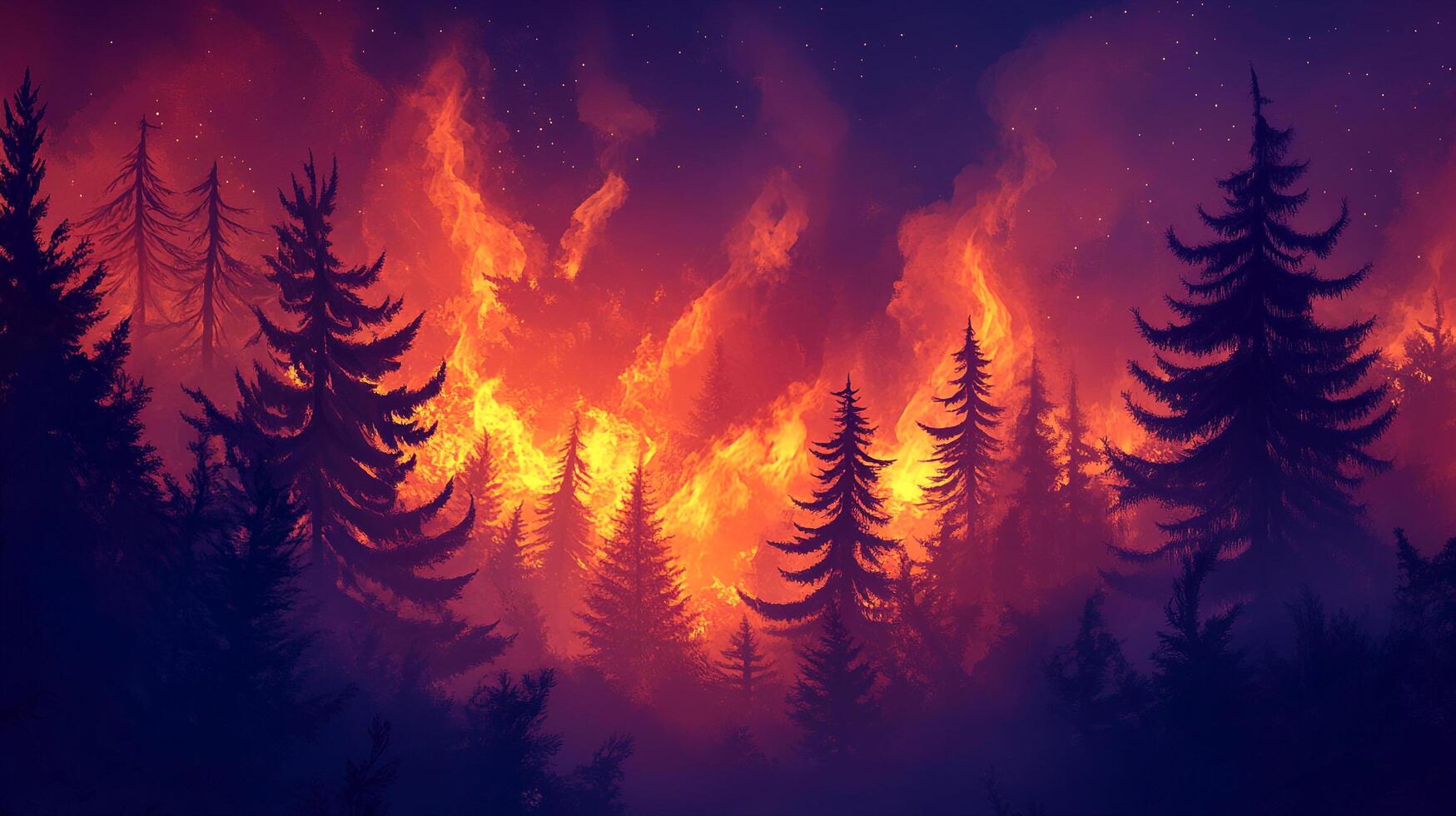 Forest engulfed in flames, silhouetted trees against a vibrant, fiery backdrop under a starry night sky, an illustration of nature's intensity. photo