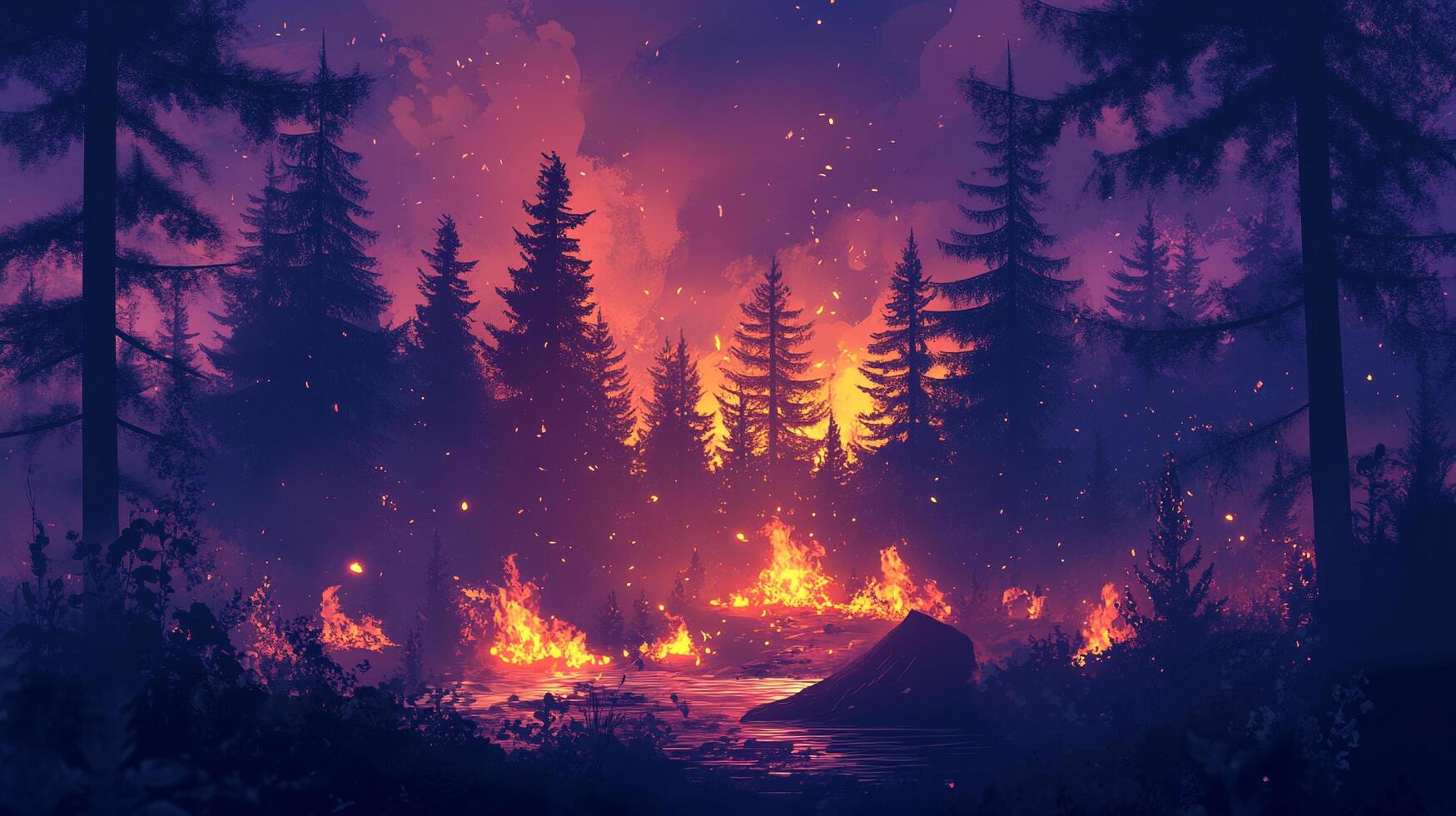 Forest ablaze under a fiery sky, flames dance among silhouettes of trees, nature's beauty confronts devastation. Dark and dangerous landscape. photo