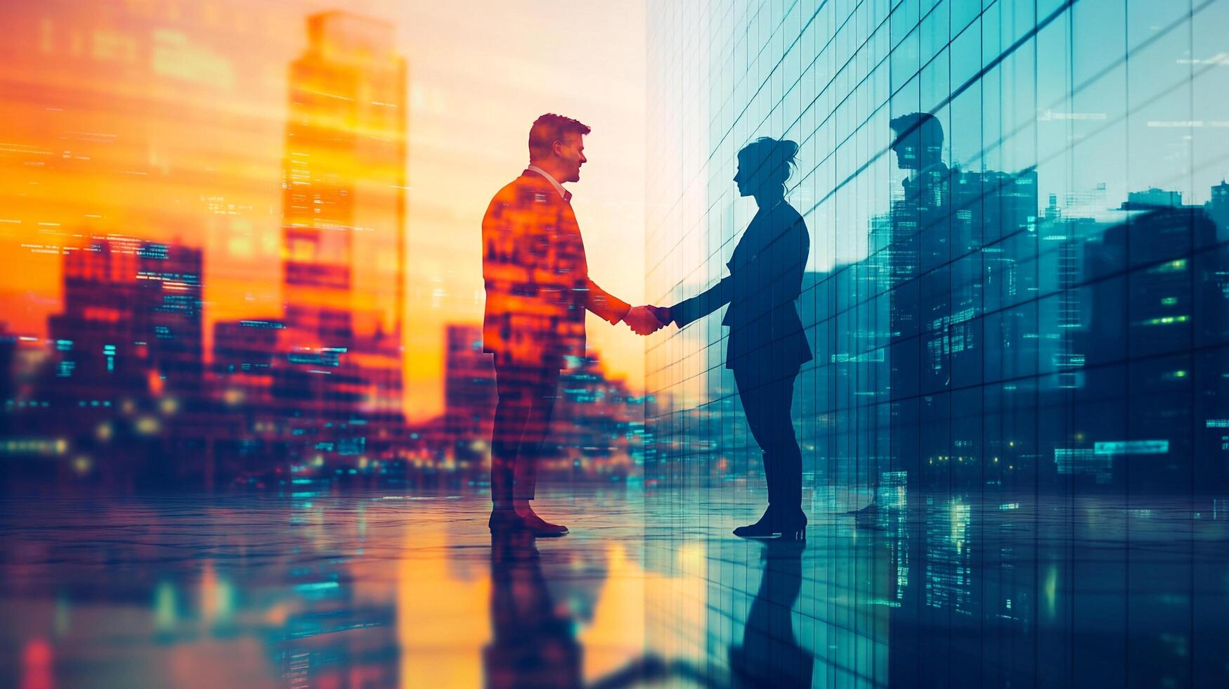 Business people shaking hands against a cityscape backdrop, symbolizing partnership and collaboration in a modern environment. photo