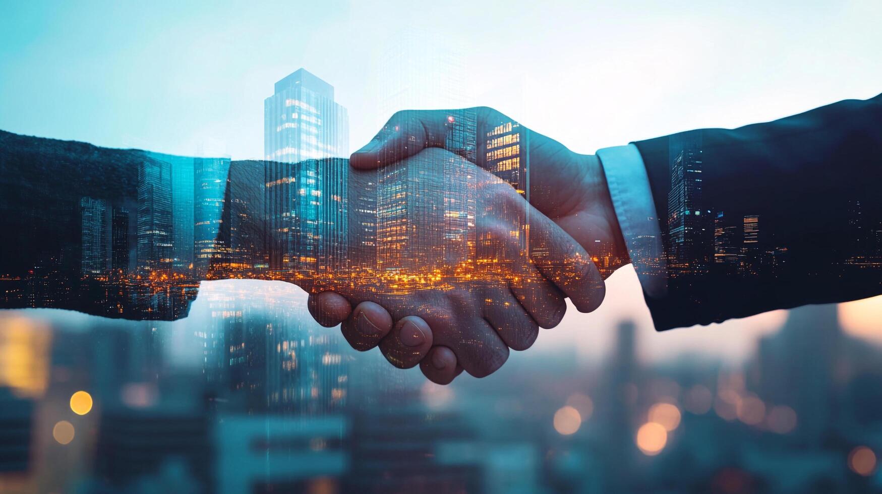 Handshake over city skyline symbolizes agreement, partnership, and success in business and urban environments. Trust and collaboration are key. photo