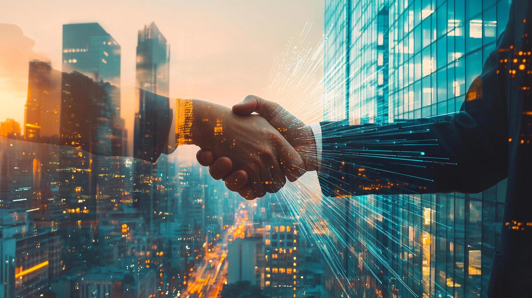 Handshake agreement with cityscape. Two business professionals close a deal during sunset. Technology, connectivity and networks. photo
