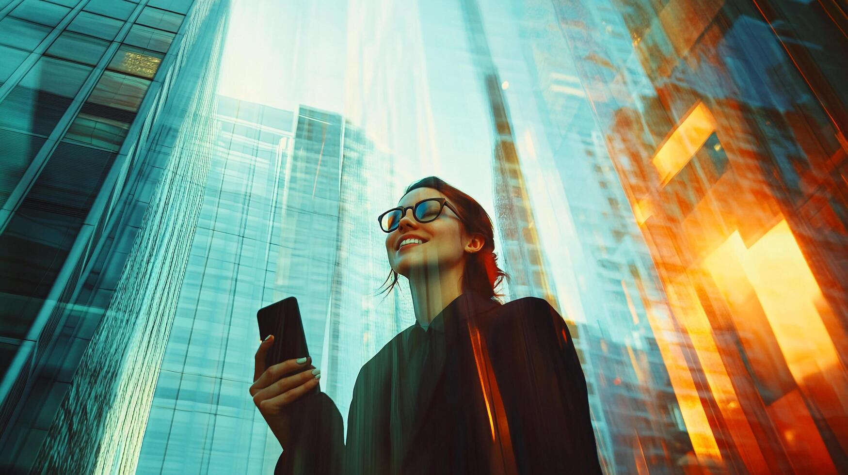 Urban professional immersed in city life, mobile in hand, gazing upwards with a smile, surrounded by modern architecture. photo