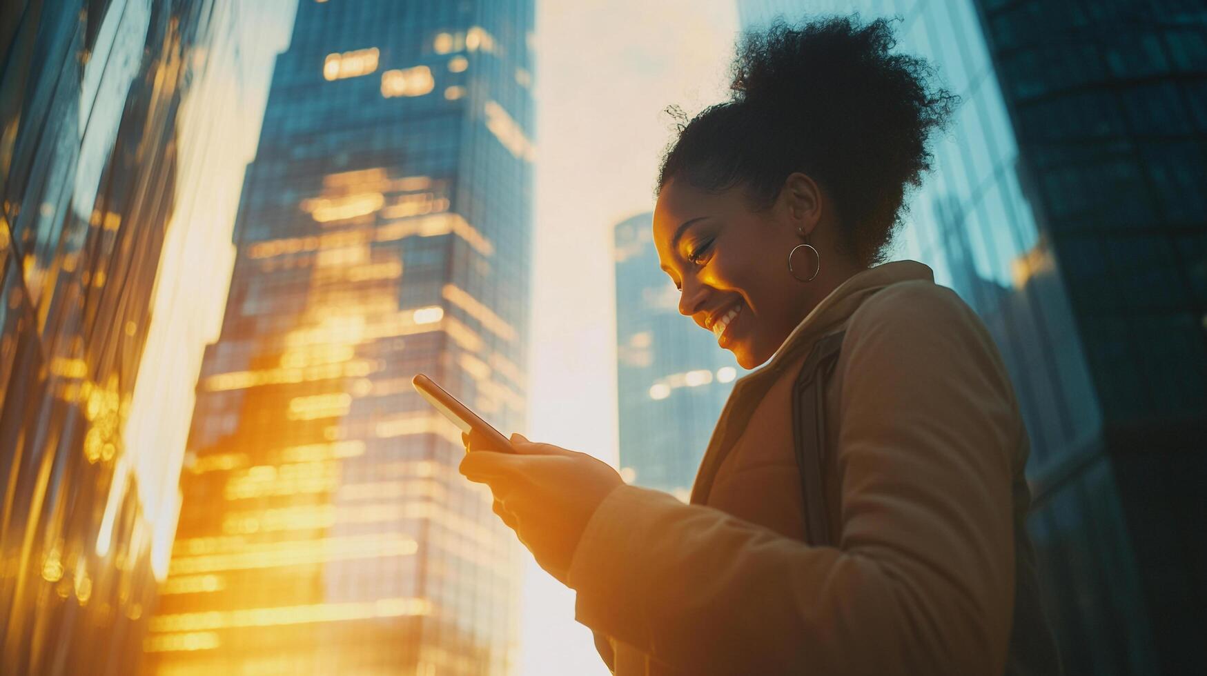 Woman using smartphone in city. Modern skyscrapers in background. Smiling woman in warm sunlight. Mobile technology and connectivity photo