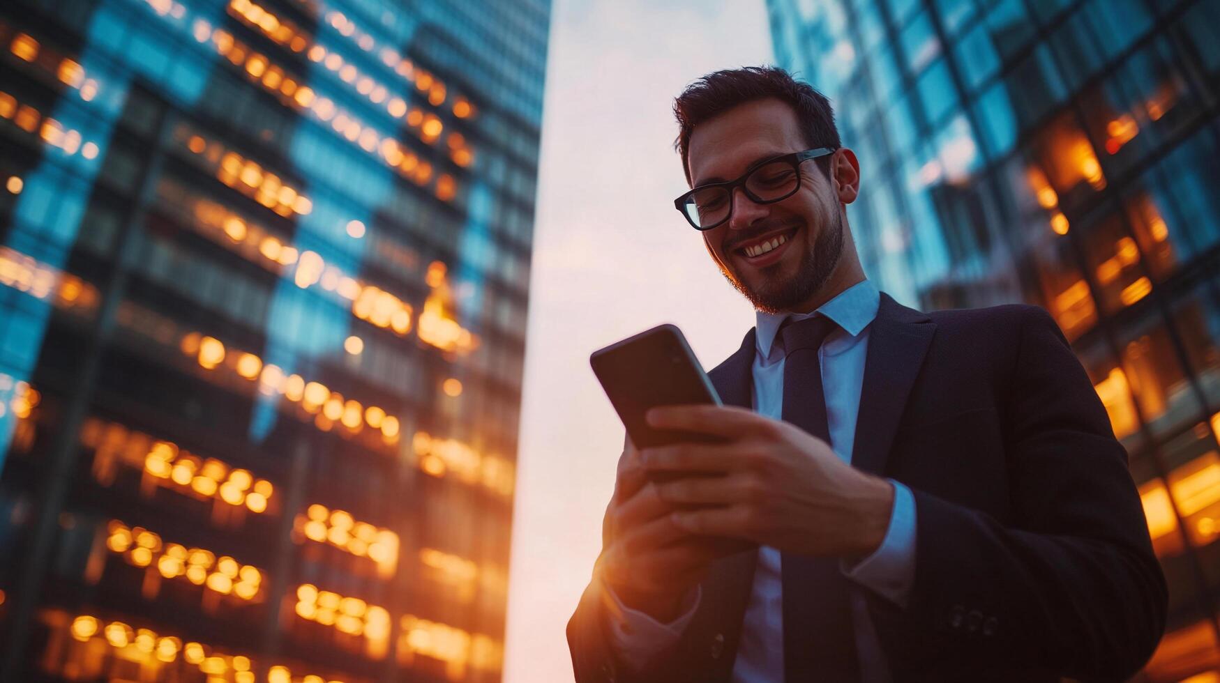 Smiling businessman uses phone in city, bathed in warm light reflecting from office building, showcasing modern connectivity and urban lifestyle. photo