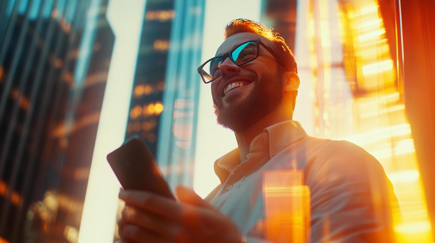 Smiling man using a smartphone outdoors in the city, with a vibrant cityscape and golden light creating a sense of optimism and success. photo