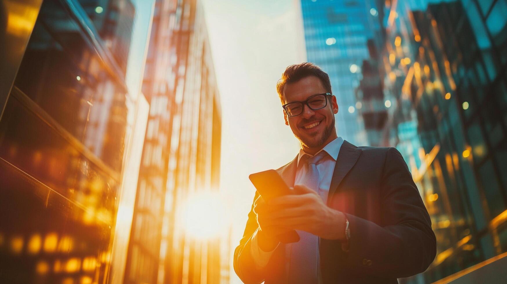 Confident professional smiles while using smartphone outdoors, bathed in golden sunlight. Modern city backdrop adds to the dynamic feel. photo