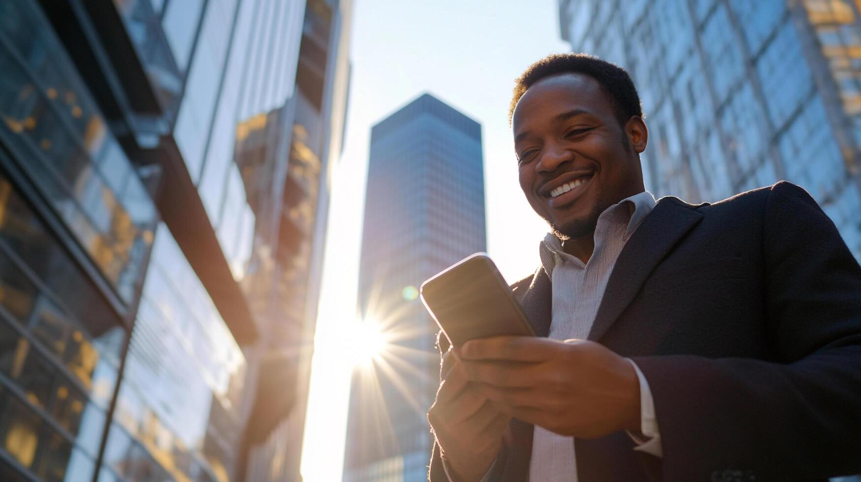 Smiling man using phone against city backdrop with bright sunlight, conveying positivity and modern connectivity in urban environment photo