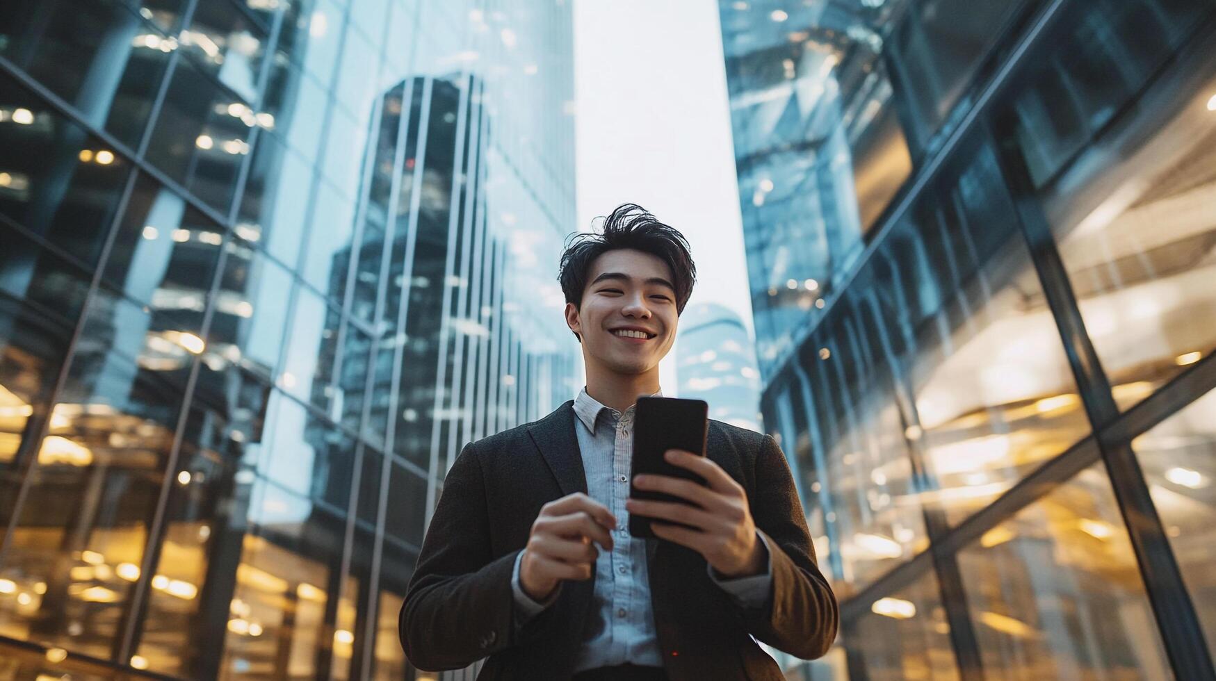 Young professional smiles while checking his phone in a bustling city center surrounded by modern architecture in natural light. photo
