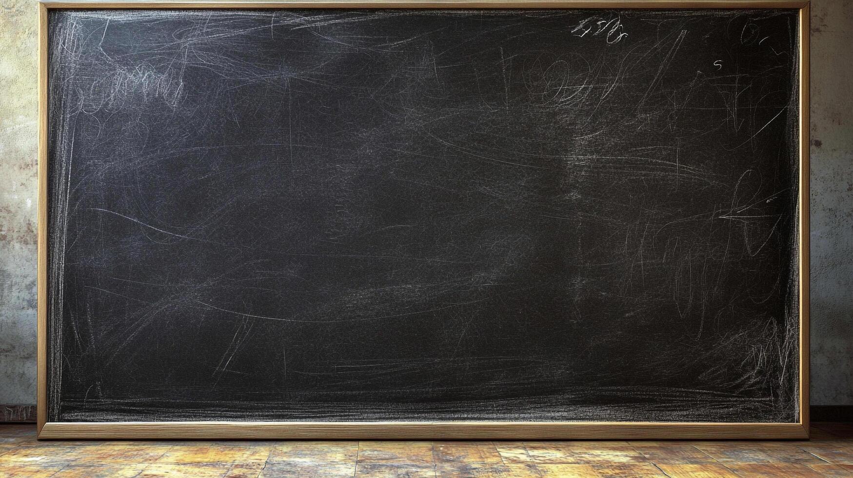A chalkboard, set against a wooden floor and plaster wall. It's marked with the faded traces of past lessons and creative ideas. photo
