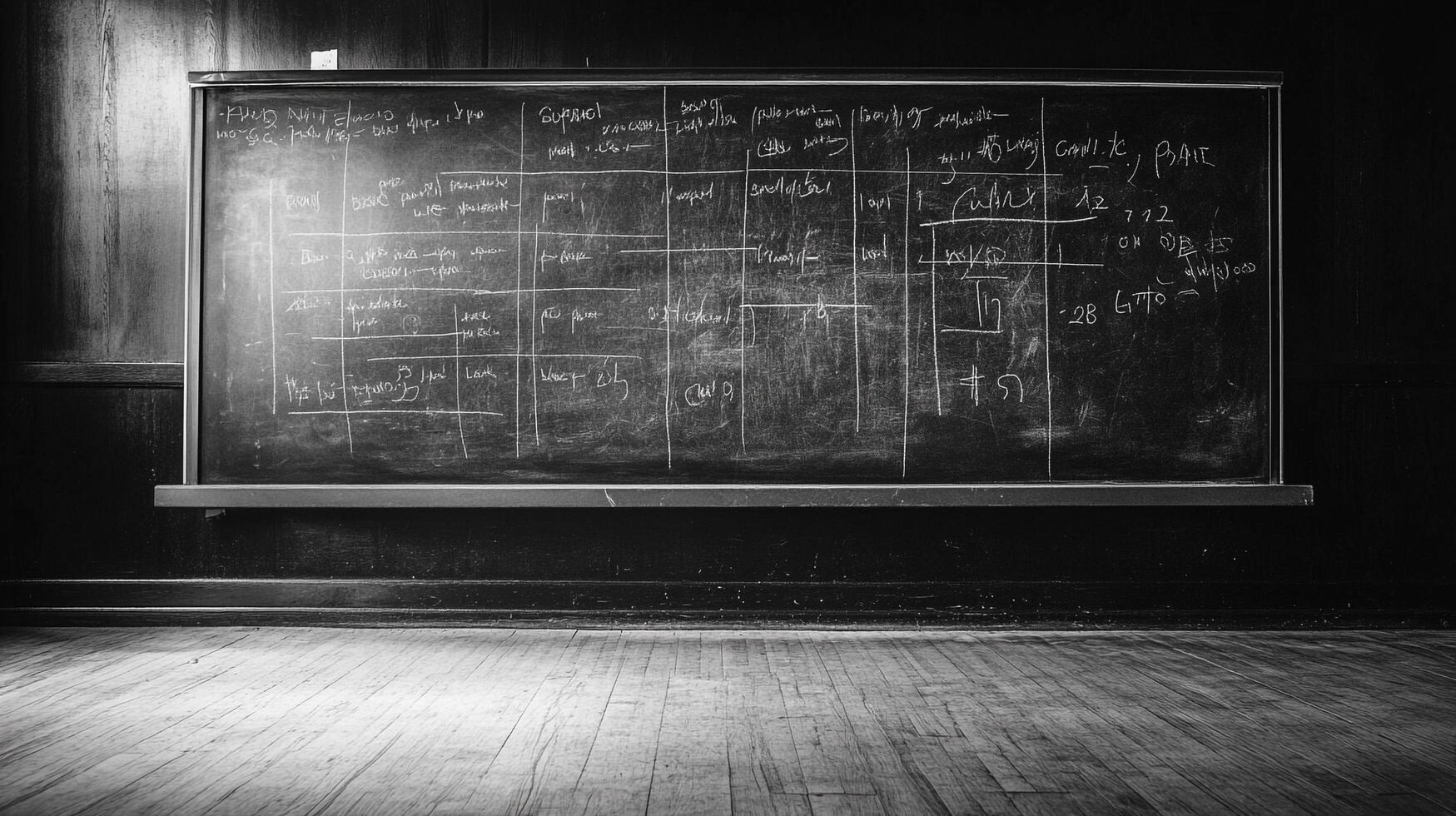 Chalkboard covered in handwritten notes, standing in an old room with wooden floorboards, creating a sense of history and academia. photo