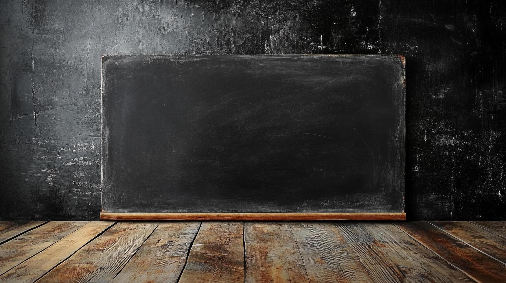 An old, weathered chalkboard sits on a worn wooden floor against a dark textured wall, evoking memories of school and learning. photo
