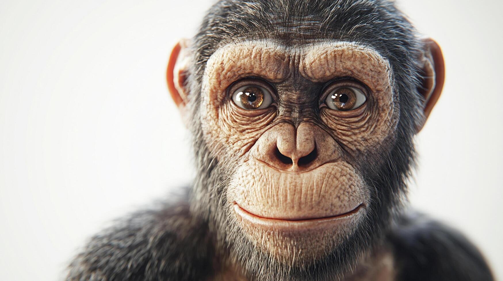 A realistic portrait of a chimpanzee, with its expressive eyes and detailed fur, showcasing the intricate details of the primate's face. photo