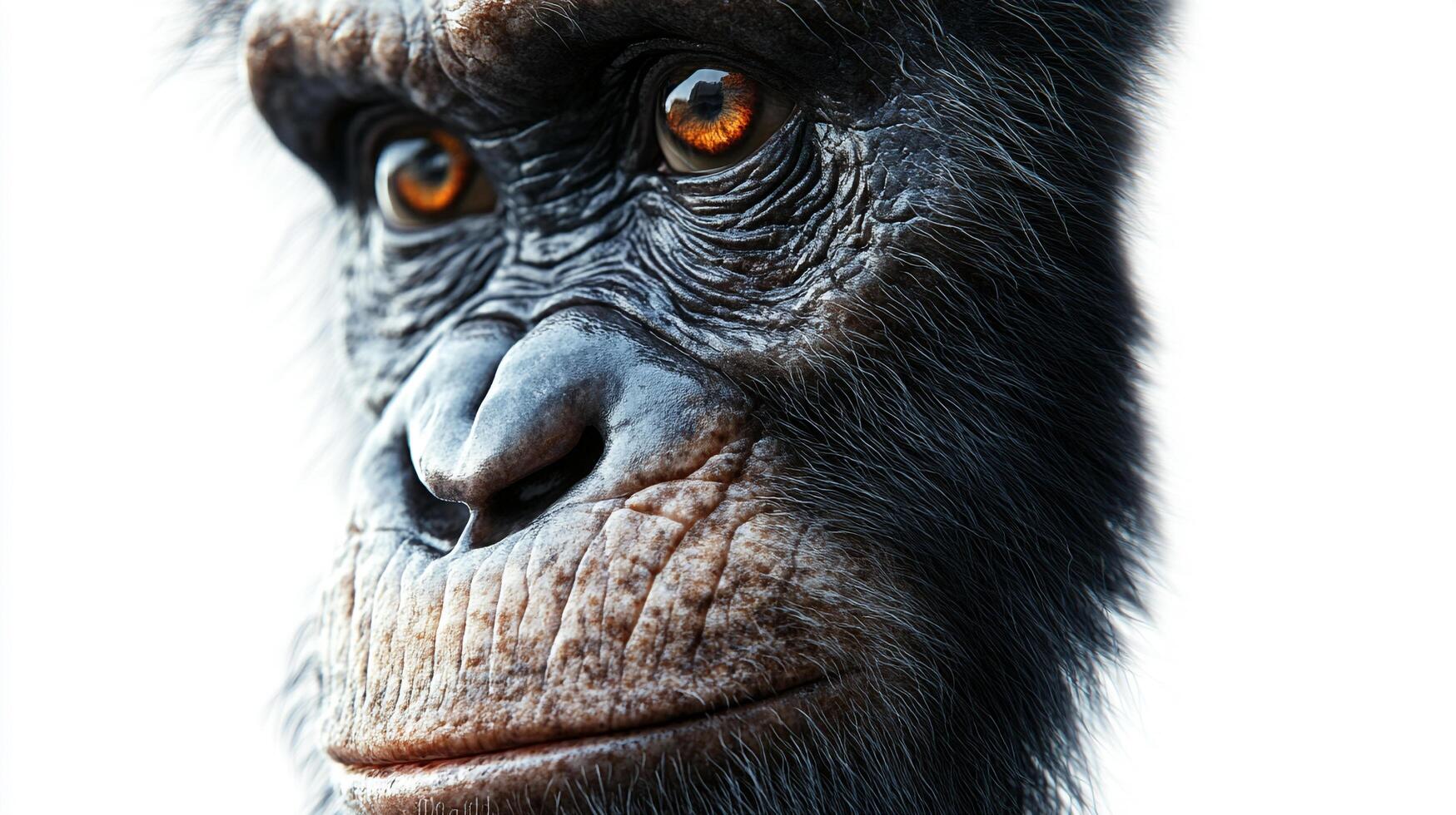 Close-up portrait of a chimpanzee displaying intricate facial details and a thoughtful, human-like gaze against a stark white backdrop. photo