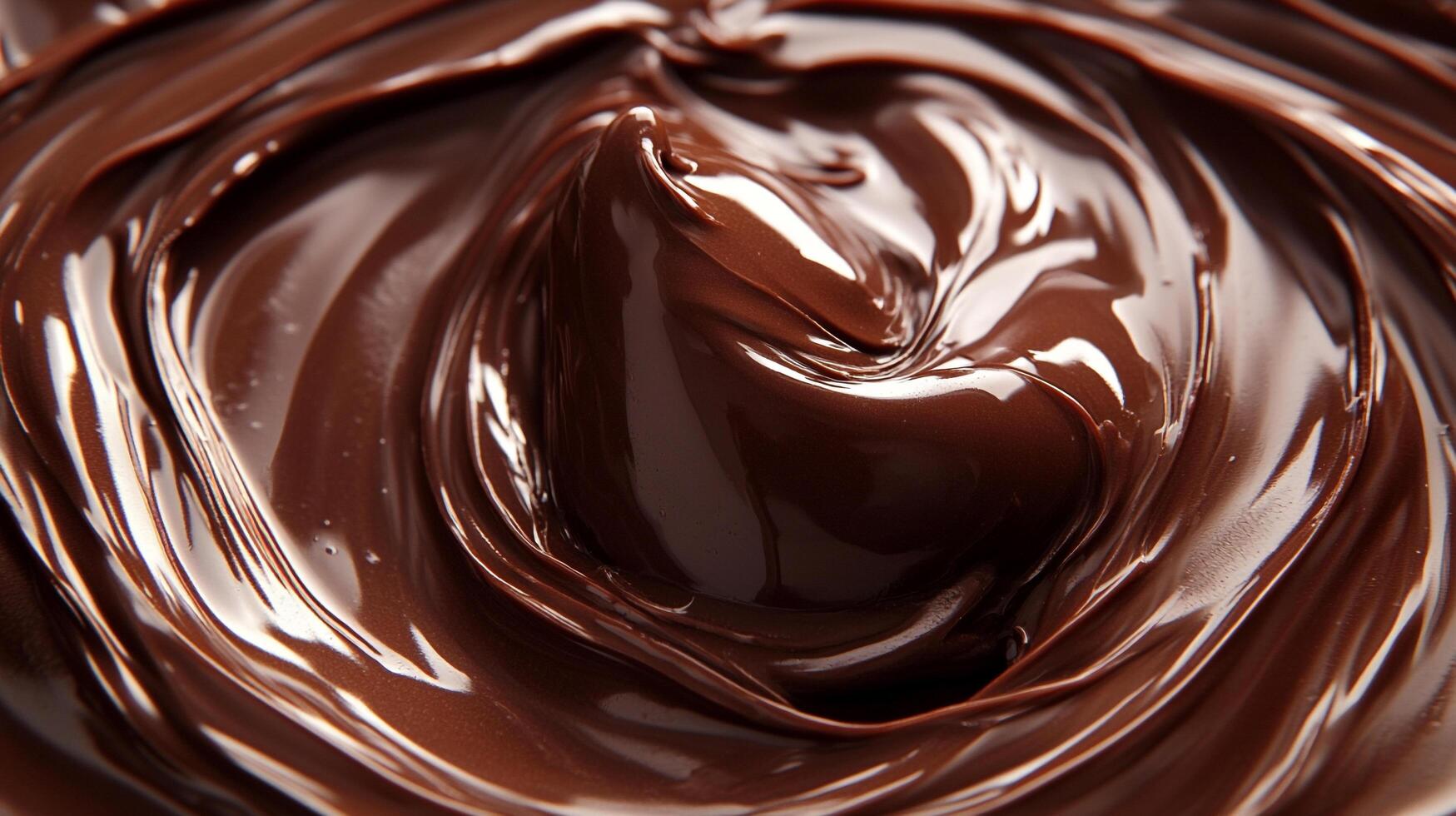 A close-up shot showcases the rich, glossy texture of melted chocolate, its swirls and depths creating a visually delicious abstract pattern. photo