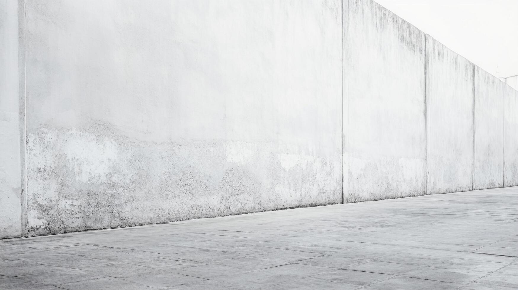 Minimalist scene with a weathered concrete wall and a tiled ground creating a simple, industrial backdrop. The gray tones dominate. photo