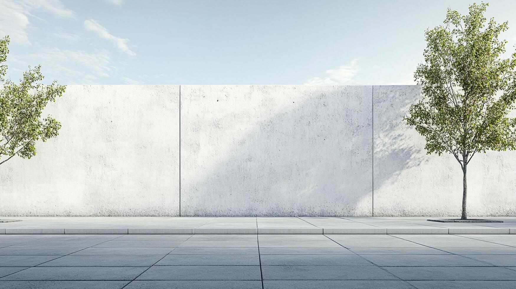 Concrete wall backdrop with trees under a bright sky, offering a minimalist yet refreshing urban space feel, ideal for background use. photo