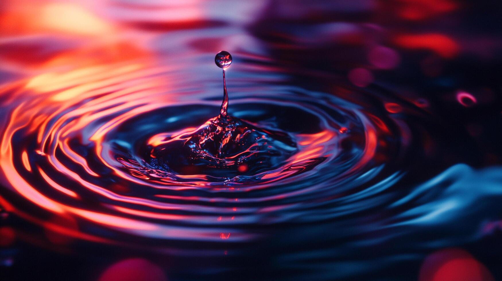 A captivating image of a water droplet creating ripples, highlighted with vibrant red and blue lighting, showcasing liquid motion. photo