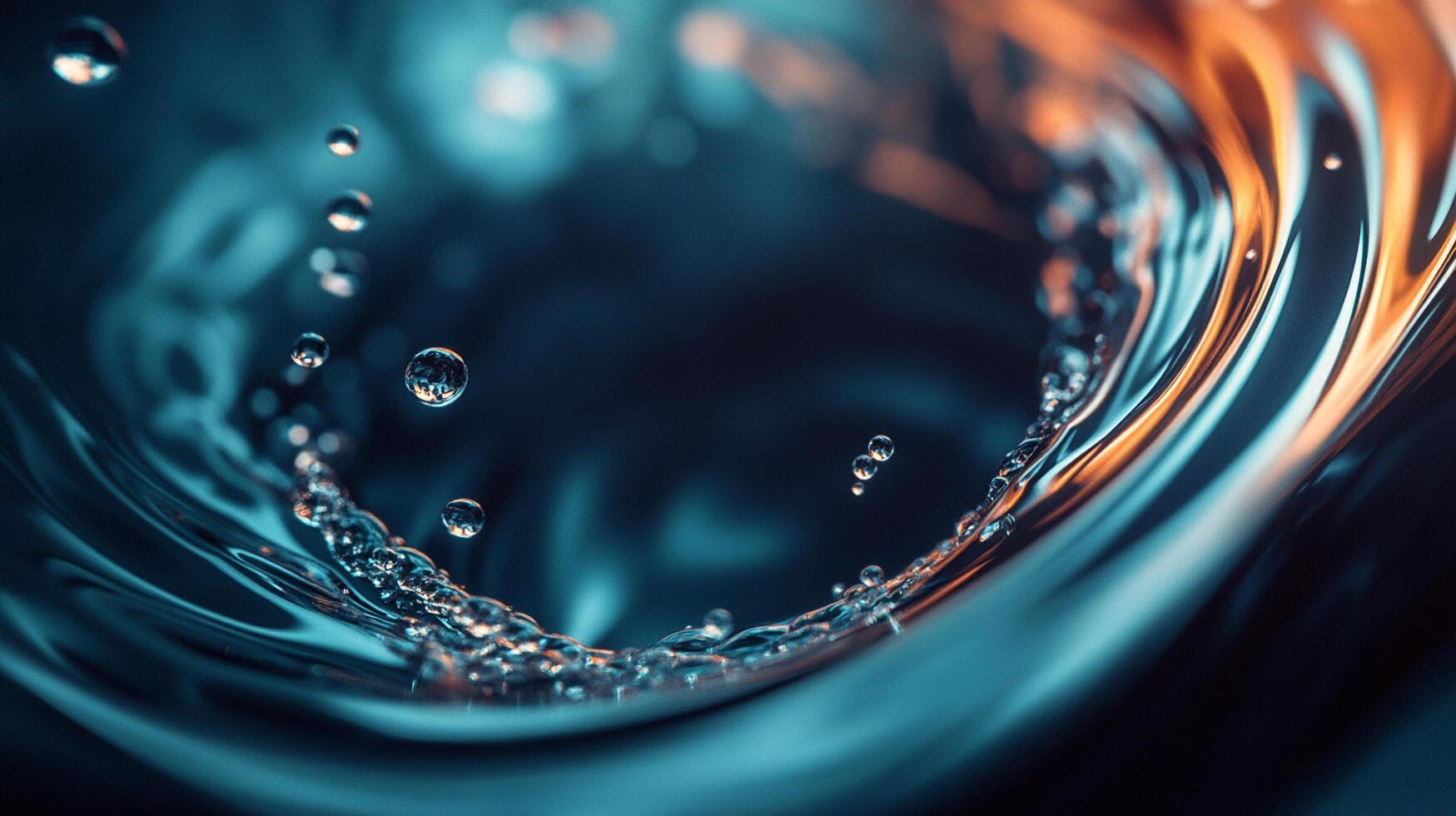Dynamic water vortex with light reflecting on droplets creates a captivating movement. Liquid design for a powerful aesthetic experience. photo