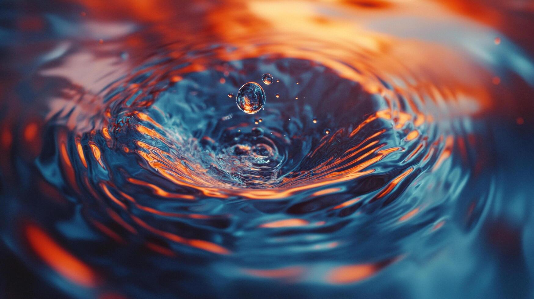 Water drop creating ripples in water. Reflection of blue and orange lights add drama to the water texture. Abstract splash. Bubbles. photo