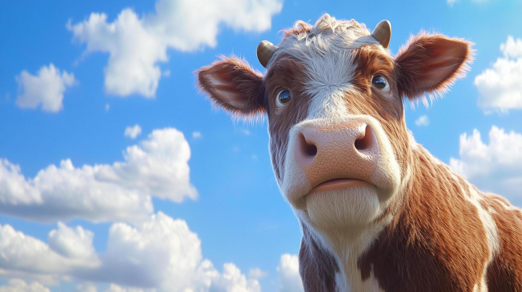 Close-up of a curious cow with brown and white markings looking directly at the viewer with a vibrant blue sky and fluffy clouds in the background. photo
