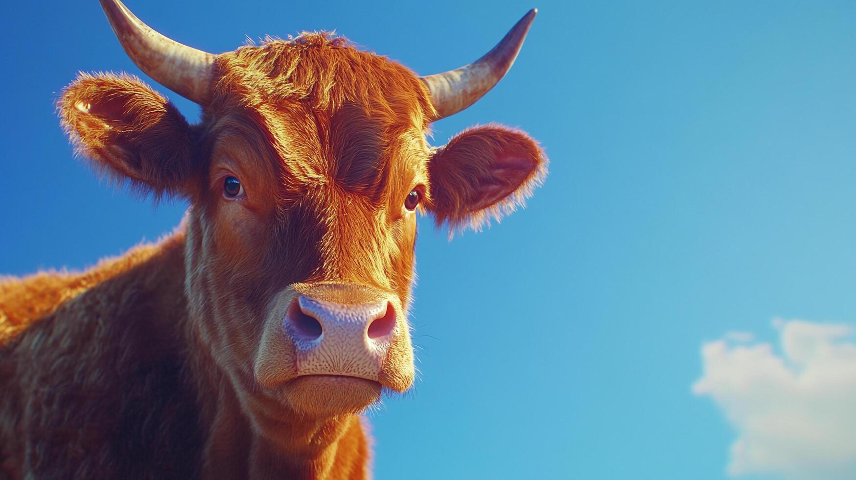 Low-angle portrait of a brown cow against a vibrant blue sky, showcasing its horns, textured fur, and serene expression. photo